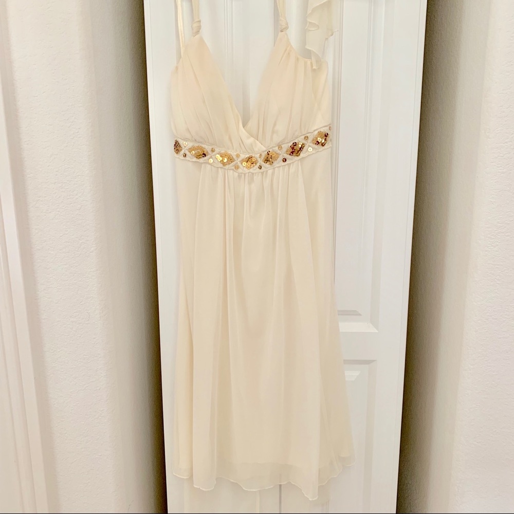 Byer Wear Ivory and gold goddess halter dress